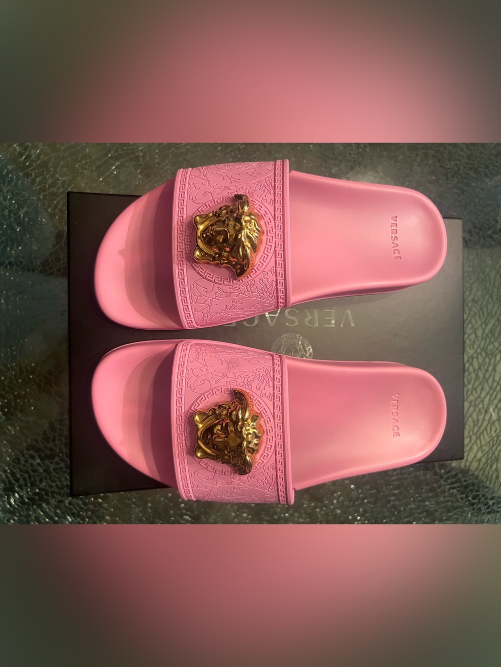 Versace Rose Pink Medusa Gold Emblem Slide Sandals